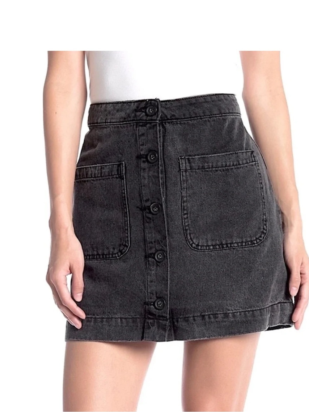 WE THE FREE Don't Get Me Wrong Button Front High Rise Black Denim Skirt Size 25